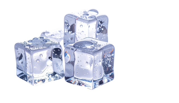 Three ice cubes sit, some with water drops, isolated background