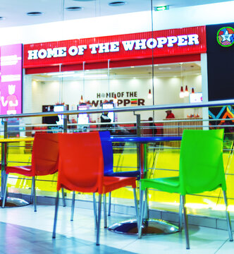 2021: Home of the Whooper signage by the Burger King america`s fastfood cafe placed in a food court