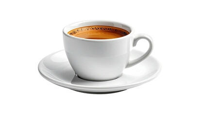 Espresso cup on saucer, dark liquid, creamy surface, no background