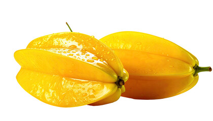 Two glistening, star-shaped, ripe yellow starfruit