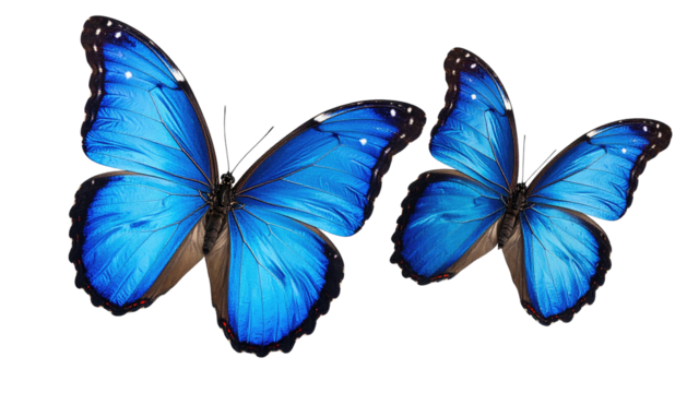 Two vibrant blue butterflies with spotted wings, isolated