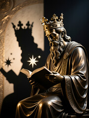 Fototapeta premium Bronze king statue reading a book with crown and illuminated shadow 