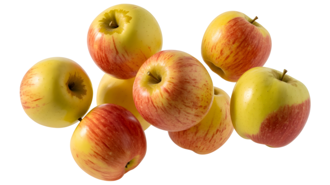 Several red and yellow apples scattered on a transparent background