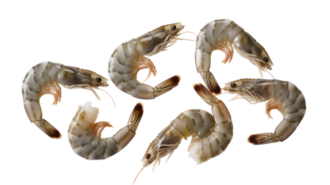 Several raw shrimp isolated on transparent background, studio shot