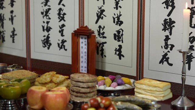 Traditional Chuseok Ancestral Rite Table (Charye) in South Korea