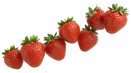 A diagonal line of fresh, ripe strawberries isolated on transparent background