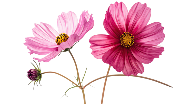Two pink cosmos flowers and a bud stand against black - Powered by Adobe