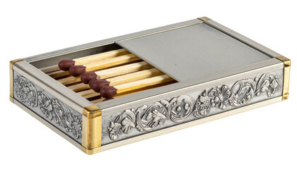 Ornate matchbox holds several wooden matches with red tips