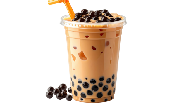 Sweet boba tea drink in clear plastic cup, straw