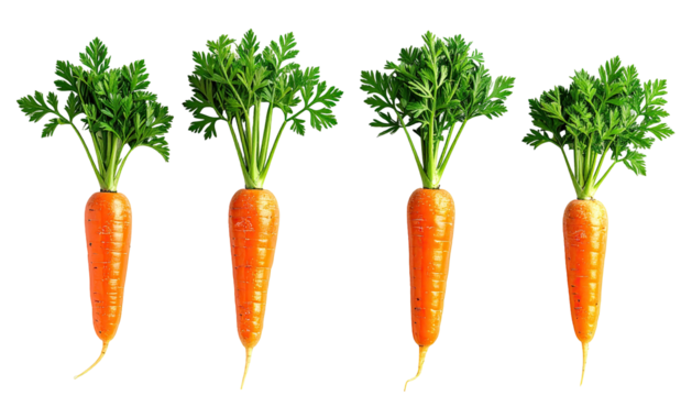 Four vibrant carrots with green leafy tops against black background
