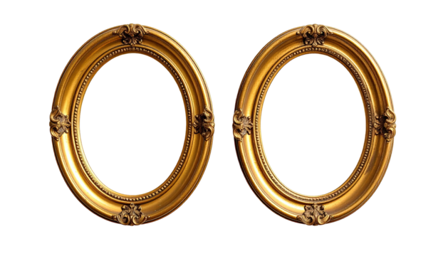 Two golden, ornate, oval picture frames on a black background