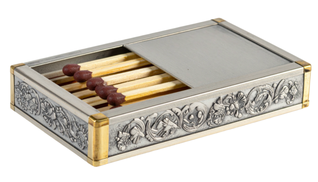 Ornate matchbox holds several wooden matches with red tips