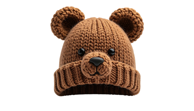 Brown, knitted bear hat with ears and a small nose stands alone
