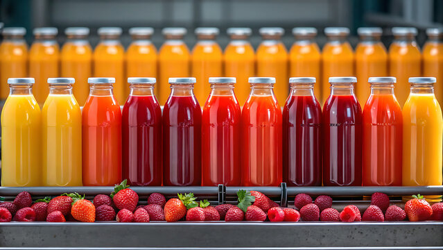 Rows of colorful fruit juice bottles lined up on a production line with fresh berries in the foreground