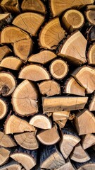 Close-up of meticulously stacked firewood showcasing diverse shapes and grain patterns. The warm, earthy tones create a rustic aesthetic