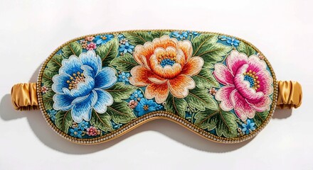 painted easter eggs in a vase, Close up on sleep mask isolated. Decorative eye cover with flowers, rhinestones. Sleepwear for restful night. Relaxation accessory for women. Beauty product for sleeping