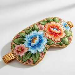 painted easter eggs in a vase, Close up on sleep mask isolated. Decorative eye cover with flowers, rhinestones. Sleepwear for restful night. Relaxation accessory for women. Beauty product for sleeping