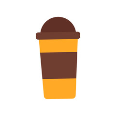 Brown and orange disposable coffee cup with lid, simple vector icon for beverage