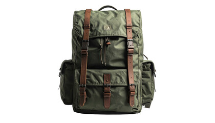 Green backpack with brown straps, buckles and pocket detail