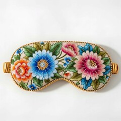 painted easter eggs in a vase, Close up on sleep mask isolated. Decorative eye cover with flowers, rhinestones. Sleepwear for restful night. Relaxation accessory for women. Beauty product for sleeping