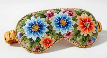 painted easter eggs in a vase, Close up on sleep mask isolated. Decorative eye cover with flowers, rhinestones. Sleepwear for restful night. Relaxation accessory for women. Beauty product for sleeping