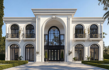 Elegant White Mansion with Arched Windows and Grand Entrance, Exquisite Luxury Home – Upscale Architectural Design