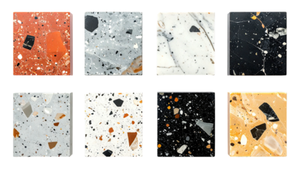 Terrazzo stone tile samples, varied colors, textures