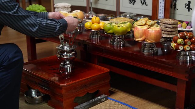 Traditional Chuseok Ancestral Rite Table (Charye) in South Korea