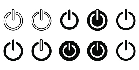 Power button icons in various styles representing on off switch for electronic devices