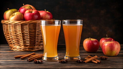 Two tall glasses of refreshing apple cider with a basket of fresh apples and cinnamon sticks