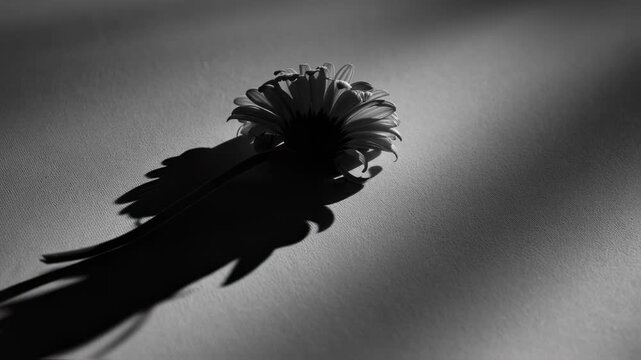 Black and white flower with long shadow on textured surface