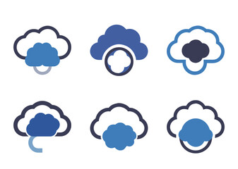 Set of simple blue cloud icons with various configurations and styles