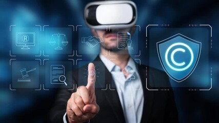 A businessman wearing a VR headset interacts with digital copyright symbols and legal icons, showcasing a blend of innovation and modern technology in a professional setting. Raster - Powered by Adobe