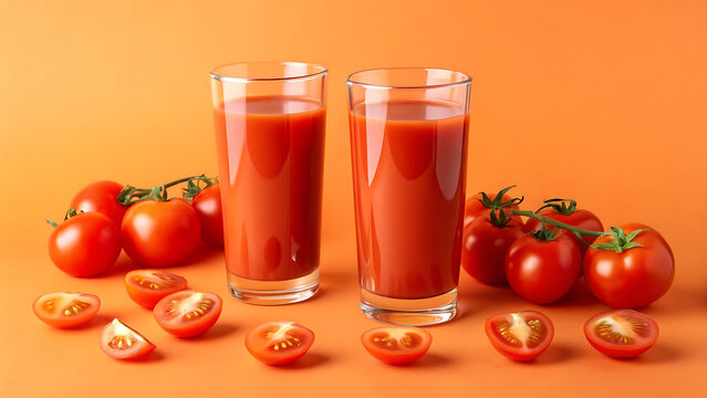Two tall glasses filled with vibrant red tomato juice surrounded by fresh ripe tomatoes and slices - Powered by Adobe