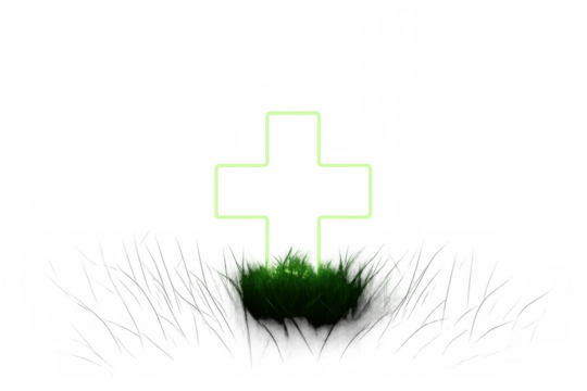 Glowing neon cross rising from a patch of green grass representing afterlife, resurrection, and remembrance, transparent background