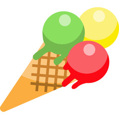 Three scoops of ice cream in a waffle cone with scoops of green red and yellow.