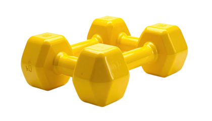 Pair of bright yellow dumbbells sit on dark backdrop