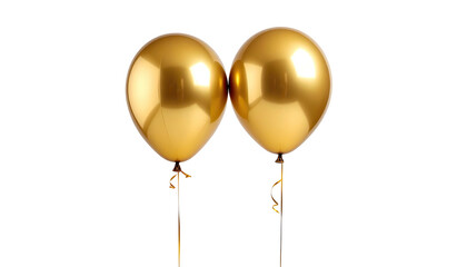 Two shiny golden balloons float, isolated on a black background