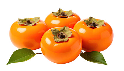 Four glossy persimmons sit with green leaves on a dark backdrop