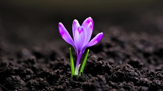 A vibrant purple crocus emerges from dark soil