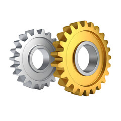 Interlocked silver and gold gears on a black backdrop