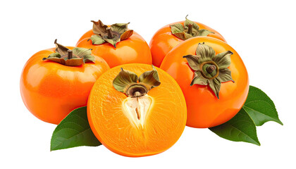 Pile of persimmons, one cut in half, sits with green leaves