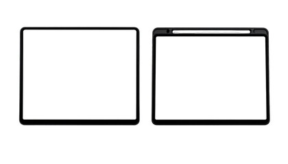 Two black electronic devices, both with screens, face up