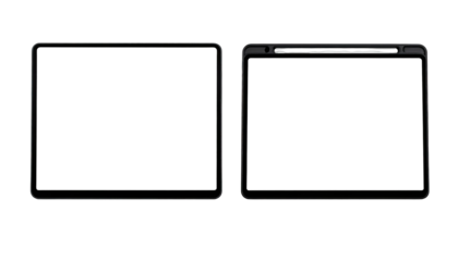 Two black electronic devices, both with screens, face up