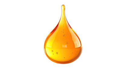 Glossy amber liquid droplet, reflecting light, on dark background