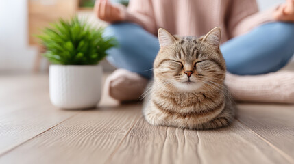 Serene cat enjoys moment of meditation alongside person in cozy indoor setting. peaceful atmosphere enhances relaxation and mindfulness, creating harmonious space