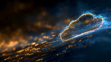 Dynamic digital cloud formation glowing with vibrant blue and orange light streams, representing futuristic data and connectivity.