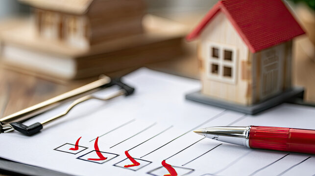 Effective home inspection checklist essential concept. Real estate checklist with a model house and pen for planning.