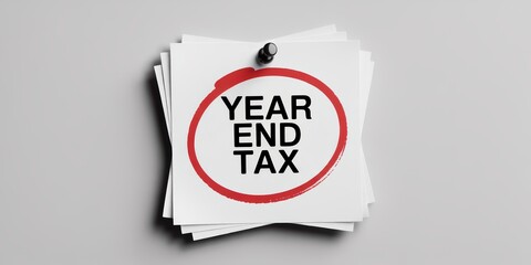 Year-End Tax Reminder on Paper Stack Pinned to Wall