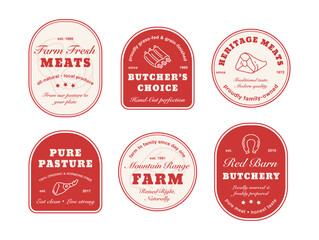 A set of logos for butcher shops highlighting the freshness of local produce and the high quality of meat from family farms. Each logo highlights the farm s unique characteristics and heritage.